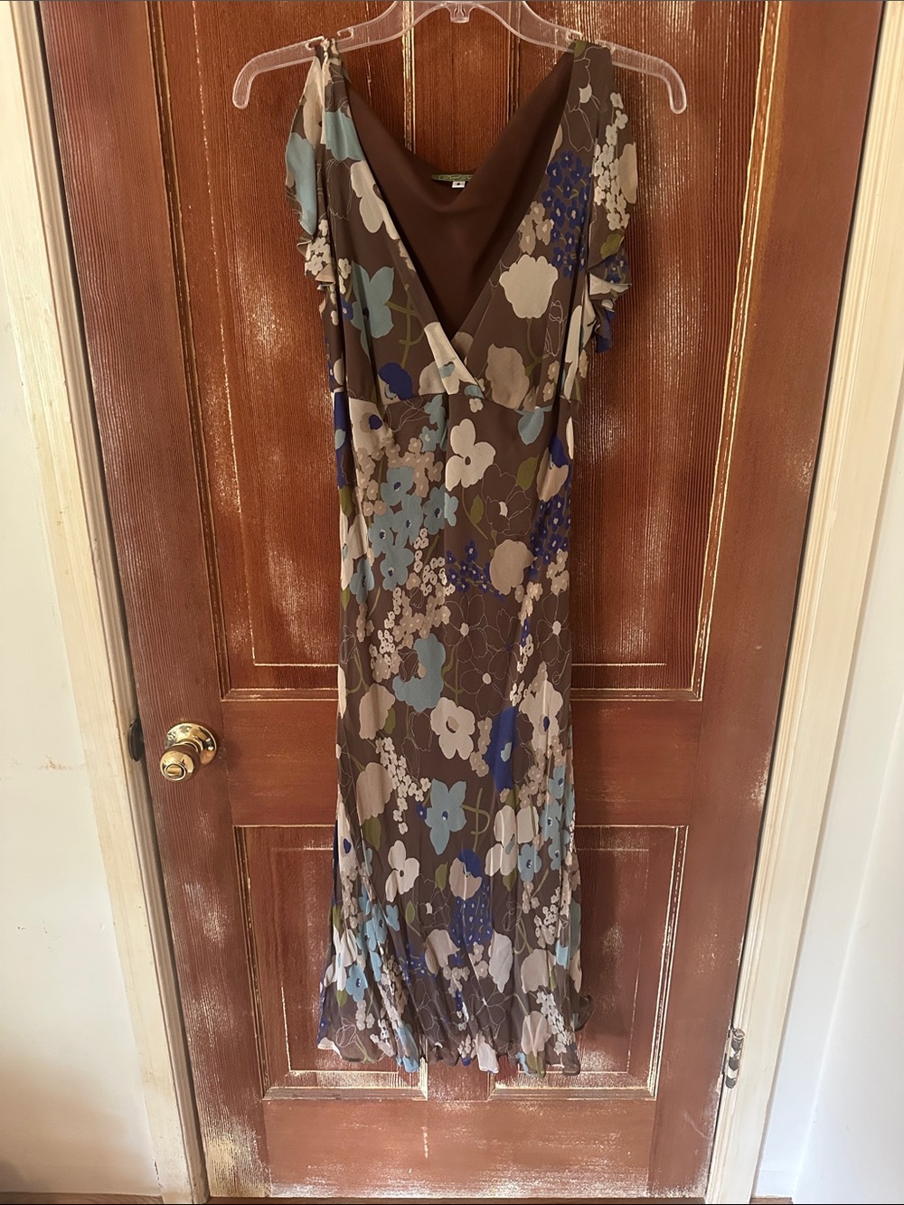 Derek Green Brown Floral silk Dress with Blue Accents - Women's V-Neck